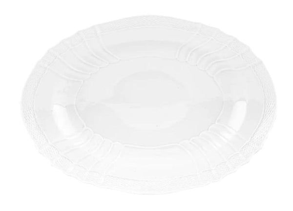 The GINORI 1735 Vecchio White Oval Platter by Ginori 1735 is an elegant, white ceramic piece with a decorative embossed pattern around the rim, viewed from above.