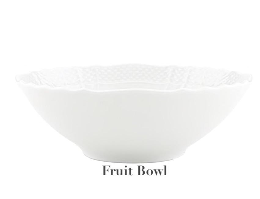 A plain white porcelain fruit bowl from the Vecchio White Dinnerware Collection by Ginori 1735, featuring a scalloped edge, is shown against a white background with "Fruit Bowl" labeled below.