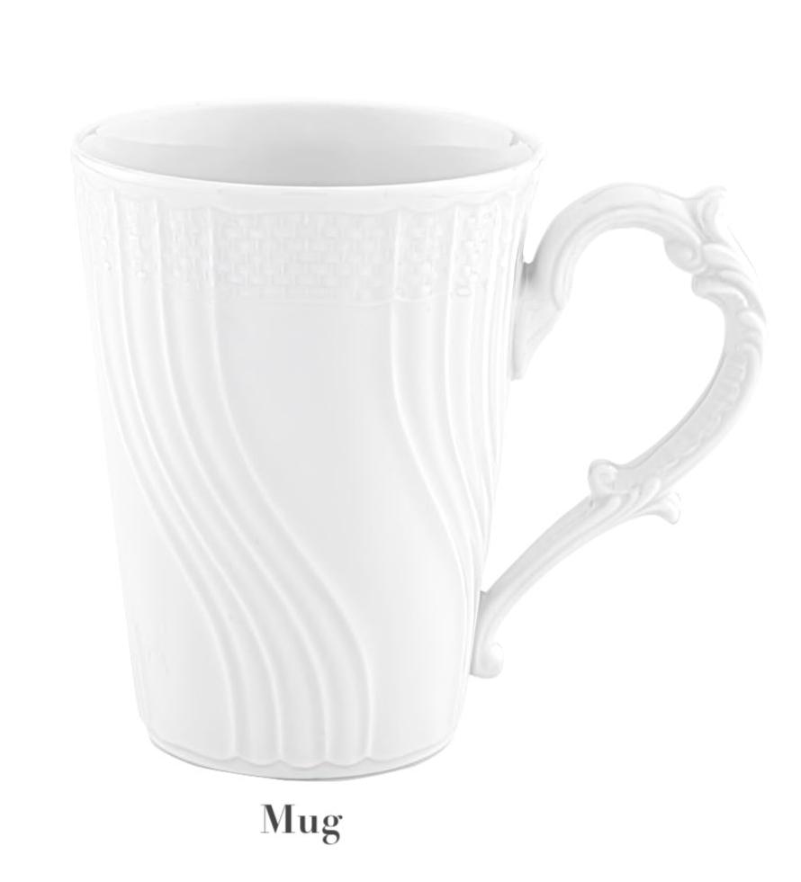 A white porcelain mug with an ornate handle and textured patterns from the Vecchio White Dinnerware Collection by Ginori 1735, presented against a plain background with "Mug" below. Inspired by classic Vecchio Ginori elegance.