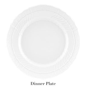 A white porcelain dinner plate from the Vecchio White Dinnerware Collection by Ginori 1735, featuring a textured rim, is shown on a plain background with "Dinner Plate" labeled below. Inspired by the timeless elegance of Vecchio Ginori.