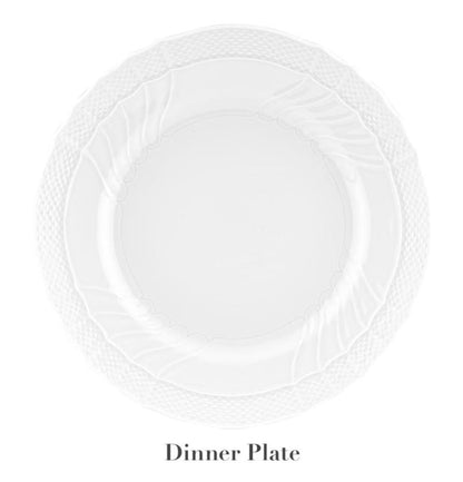 A white porcelain dinner plate from the Vecchio White Dinnerware Collection by Ginori 1735, featuring a textured rim, is shown on a plain background with "Dinner Plate" labeled below. Inspired by the timeless elegance of Vecchio Ginori.