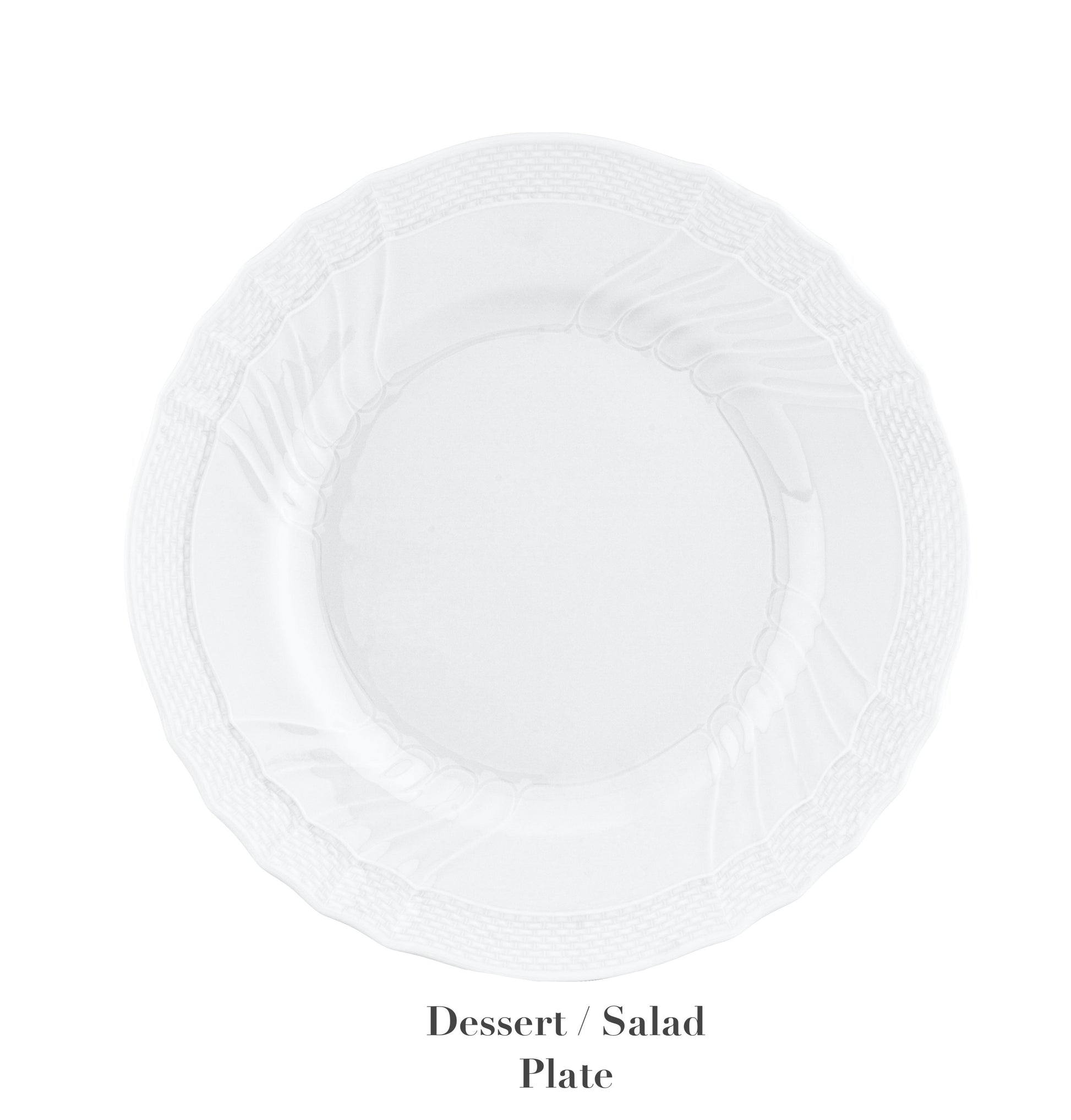 A clear decorative glass plate from the Vecchio White Dinnerware Collection by Ginori 1735, labeled “Dessert / Salad Plate,” is displayed from above on a white background, evoking the refined elegance of this iconic collection.