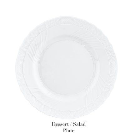 A clear decorative glass plate from the Vecchio White Dinnerware Collection by Ginori 1735, labeled “Dessert / Salad Plate,” is displayed from above on a white background, evoking the refined elegance of this iconic collection.
