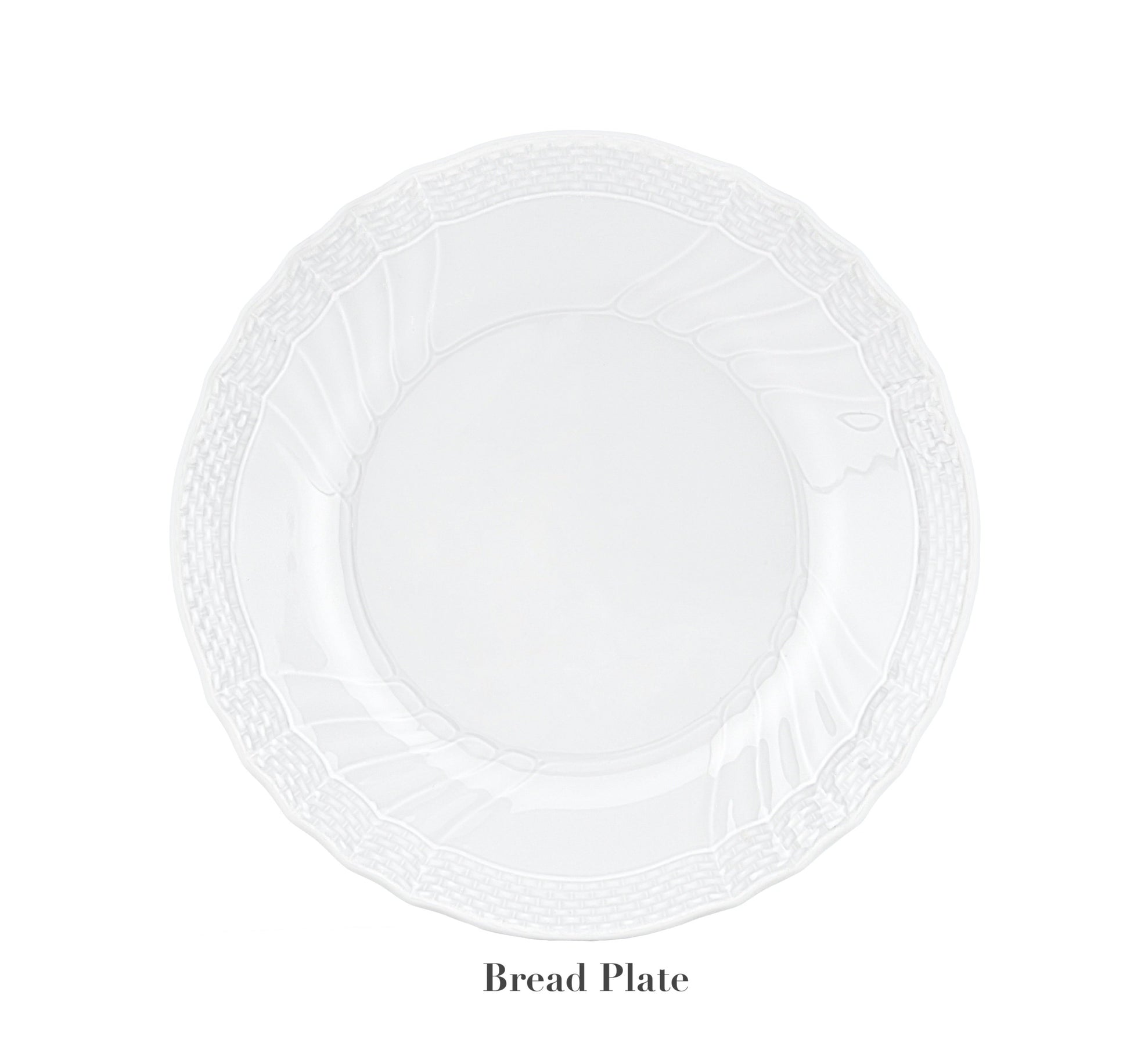 A white porcelain bread plate with a textured border from the Vecchio White Dinnerware Collection by Ginori 1735 is centered on a white background, evoking timeless elegance. "Bread Plate" is displayed below the plate.
