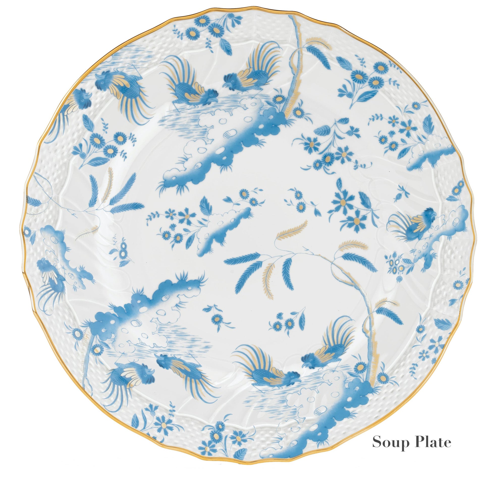 Round porcelain soup plate from the Ginori 1735 Oro Di Doccia Turchese Dinnerware Collection, featuring hand-painted gold scalloped rim, blue floral and Ji Ondori rooster motifs on white. "Soup Plate" appears in the lower right corner.