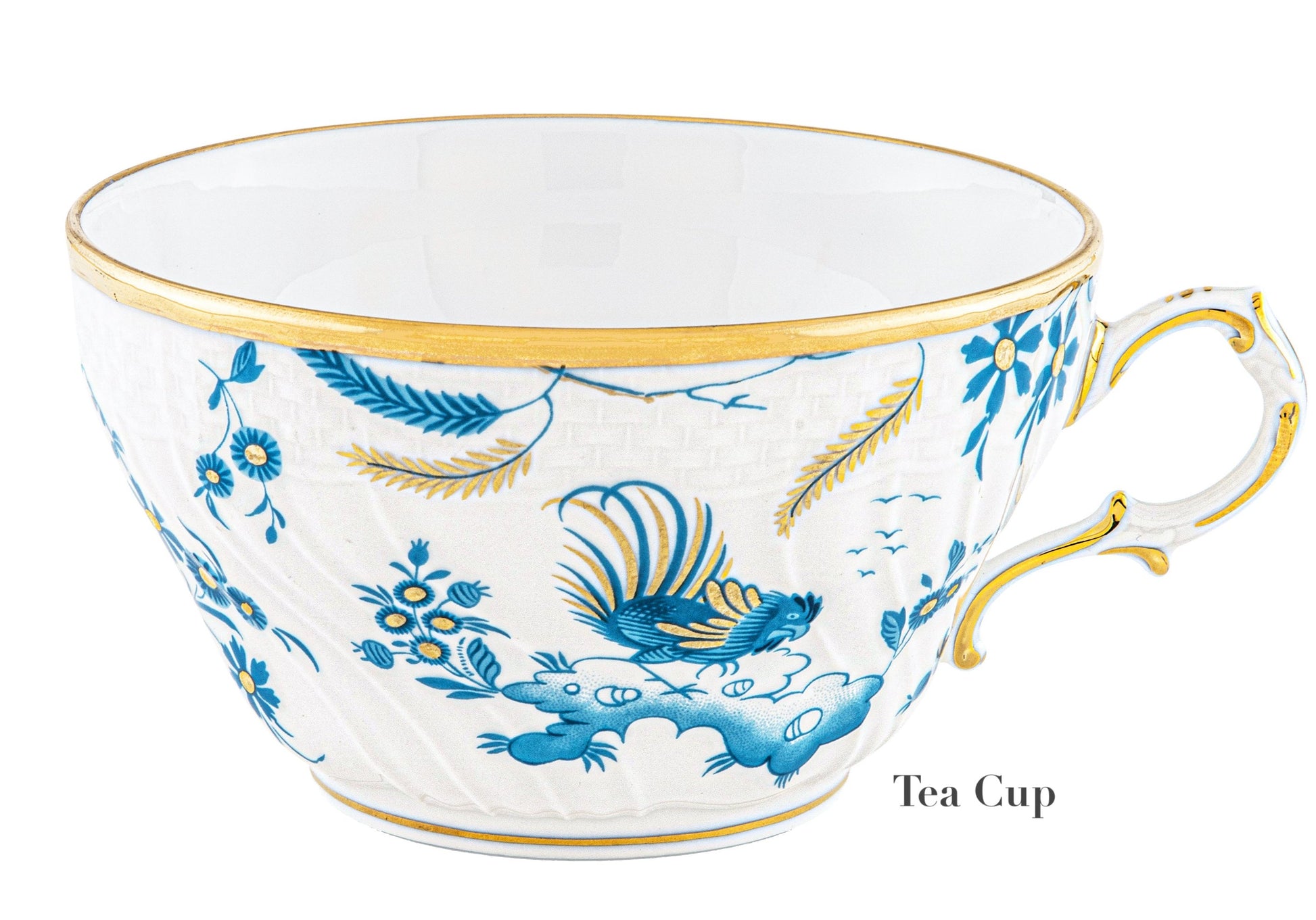 White porcelain tea cup from Ginori 1735's Oro Di Doccia Turchese Dinnerware Collection, featuring blue floral and Ji Ondori rooster designs with a hand-painted gold rim and handle, labeled "Tea Cup" on the bottom right.