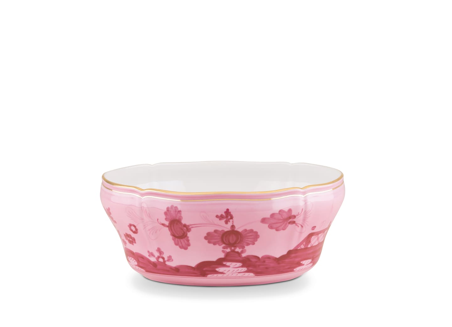 A pink Oriente Italiano Porpora bowl by Ginori 1735 features floral patterns, a scalloped rim, and gold trim—an elegant decor piece from the dinnerware & decor collection. Shown on a white background.