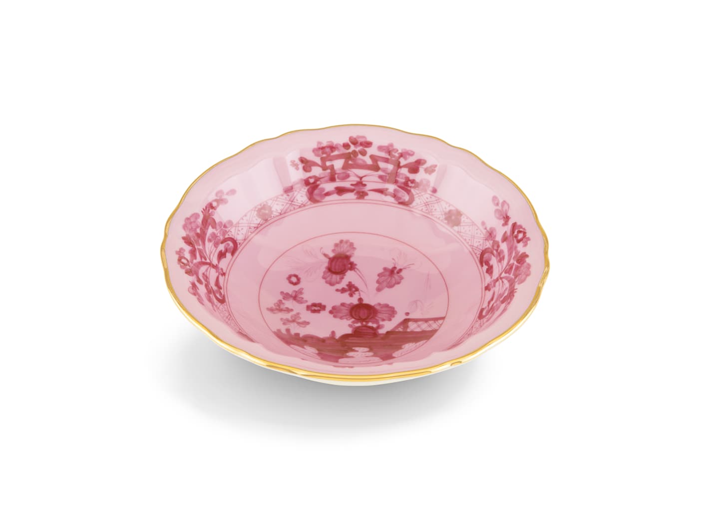The Oriente Italiano Porpora bowl by Ginori 1735 features pink porcelain with gold-rimmed edge, floral patterns, and inner decorative motifs—a striking piece from the celebrated dinnerware & decor collection.