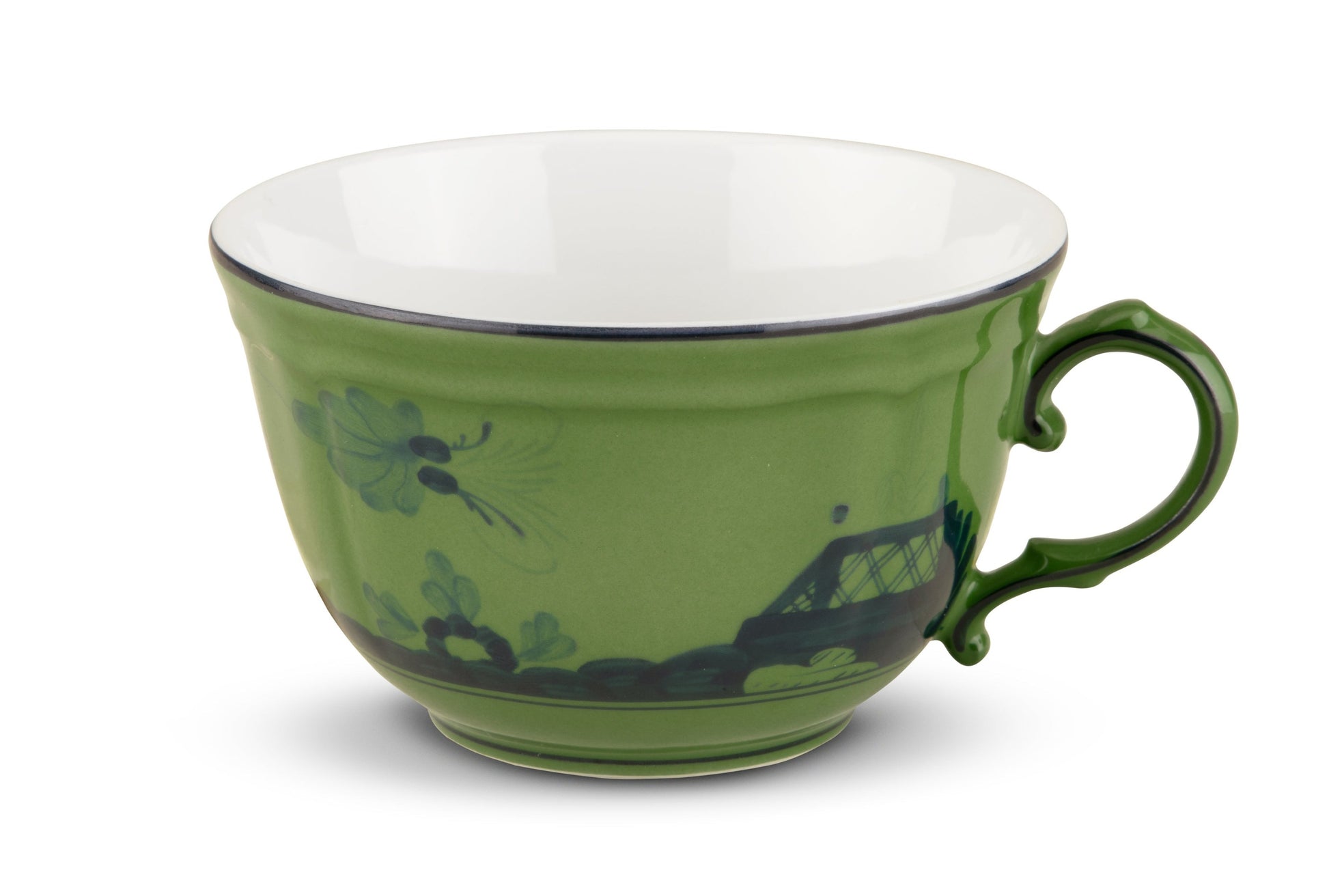 A green ceramic teacup from the Ginori 1735 Oriente Italiano Malachite Dinnerware Collection, featuring a floral design and white interior, is shown against a plain white background.