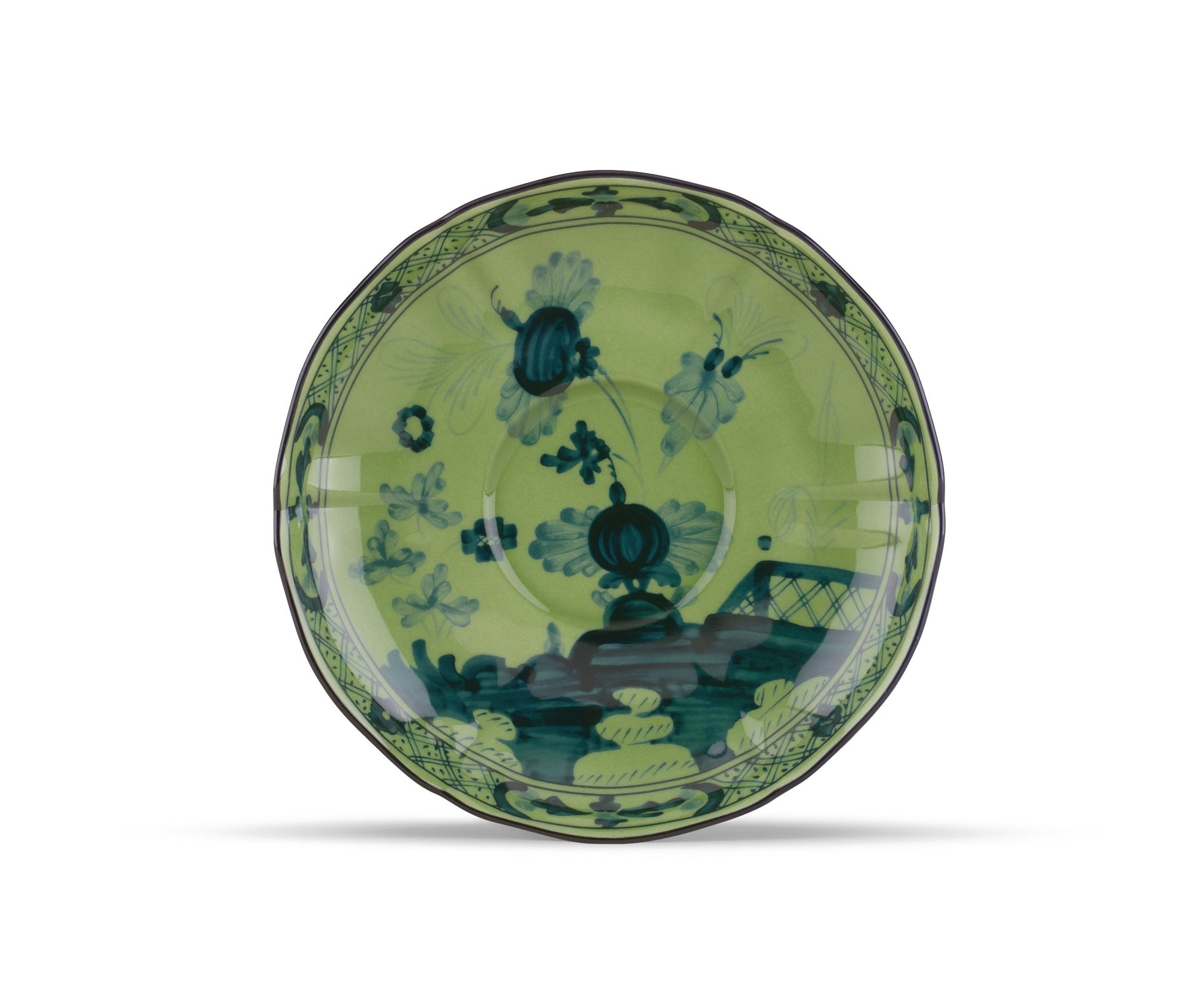A round ceramic plate from the Ginori 1735 Oriente Italiano Malachite Dinnerware Collection, featuring a green and blue floral pattern with a decorative border, is viewed from above on a white background.