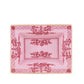 The Ginori 1735 Oriente Italiano Porpora square pink porcelain dish features ornate red floral and scroll patterns, a gold rim, and a geometric border—an elegant accent from the Dinnerware & Decor Collection. Photographed on a white background.
