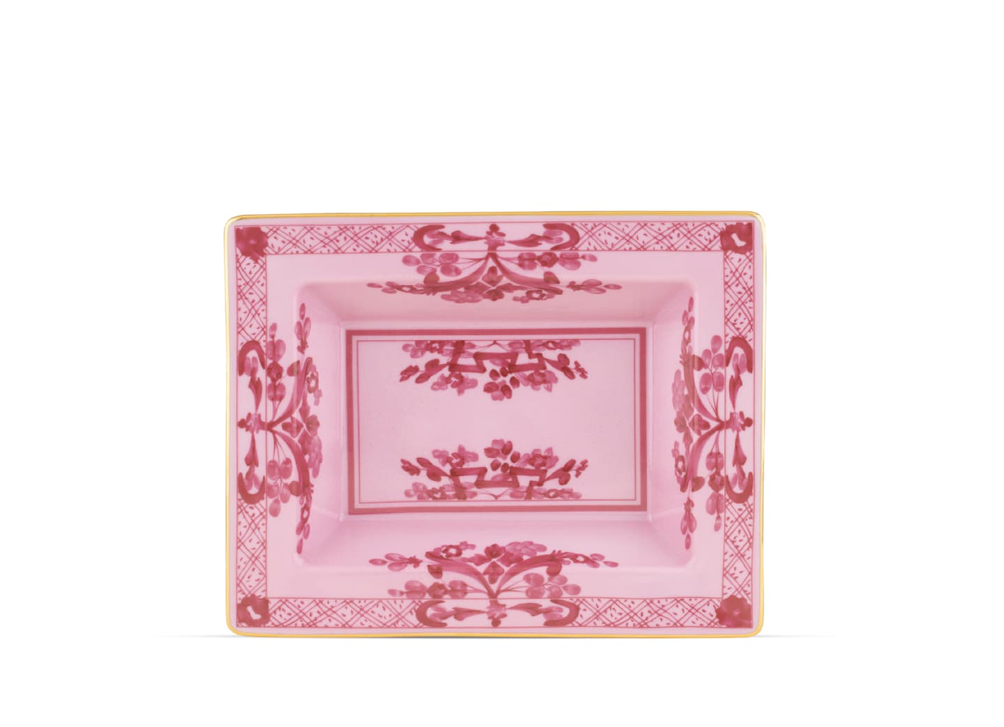 The Ginori 1735 Oriente Italiano Porpora square pink porcelain dish features ornate red floral and scroll patterns, a gold rim, and a geometric border—an elegant accent from the Dinnerware & Decor Collection. Photographed on a white background.
