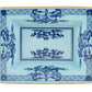 Ginori 1735 Oriente Italiano Iris Tray Collection: square porcelain dish, Antico Doccia shape, blue carnation and geometric pattern with gold-edged trim on a light iris blue background.