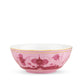 Ginori 1735's Oriente Italiano Porpora bowl features a white interior, pink exterior with floral patterns, and a gold rim—a refined decor piece from their signature dinnerware & decor collection.