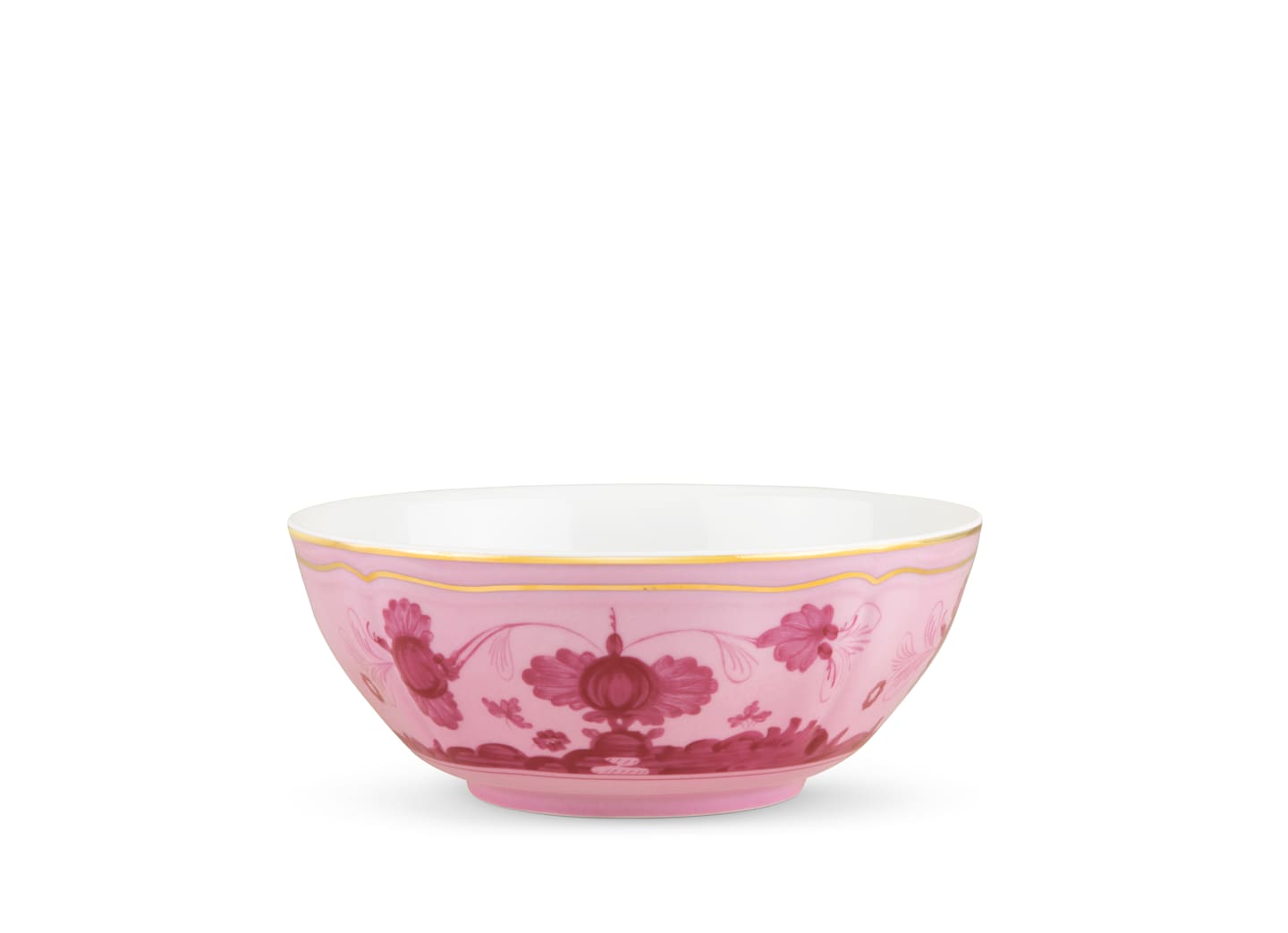 Ginori 1735's Oriente Italiano Porpora bowl features a white interior, pink exterior with floral patterns, and a gold rim—a refined decor piece from their signature dinnerware & decor collection.
