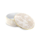 A round porcelain box from Ginori 1735’s Oriente Italiano Meringa Dinnerware & Serveware Collection features a floral motif and gold trim, shown with its matching lid slightly ajar—a striking piece for elegant table settings.