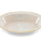 This shallow, oval ceramic serving dish from the Ginori 1735 Oriente Italiano Meringa collection features a white motif and gold trim—an elegant addition to your tableware.