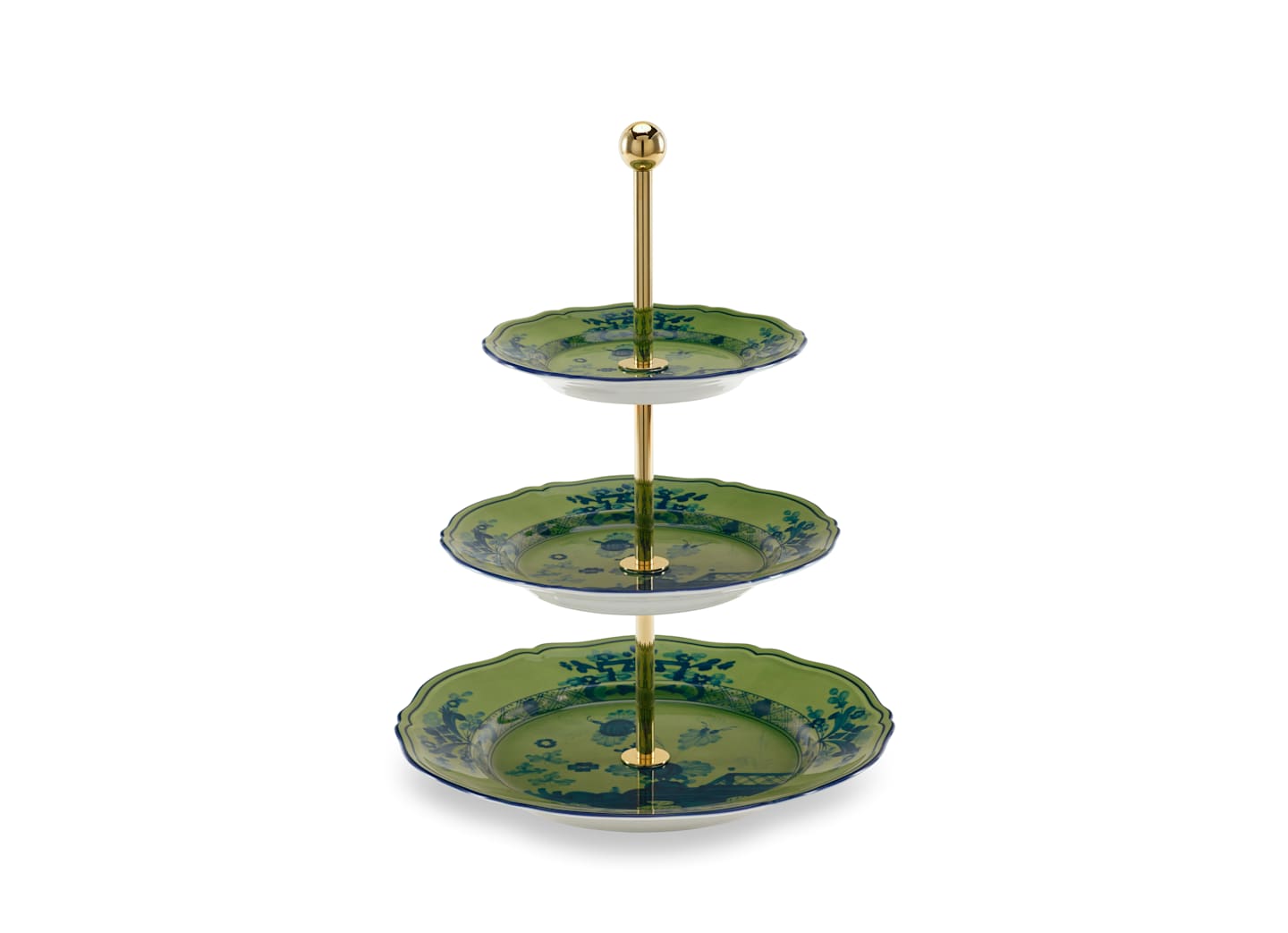The Oriente Italiano Malachite three-tiered stand by Ginori 1735 features green floral porcelain plates, elegantly stacked from largest to smallest with a gold central rod.