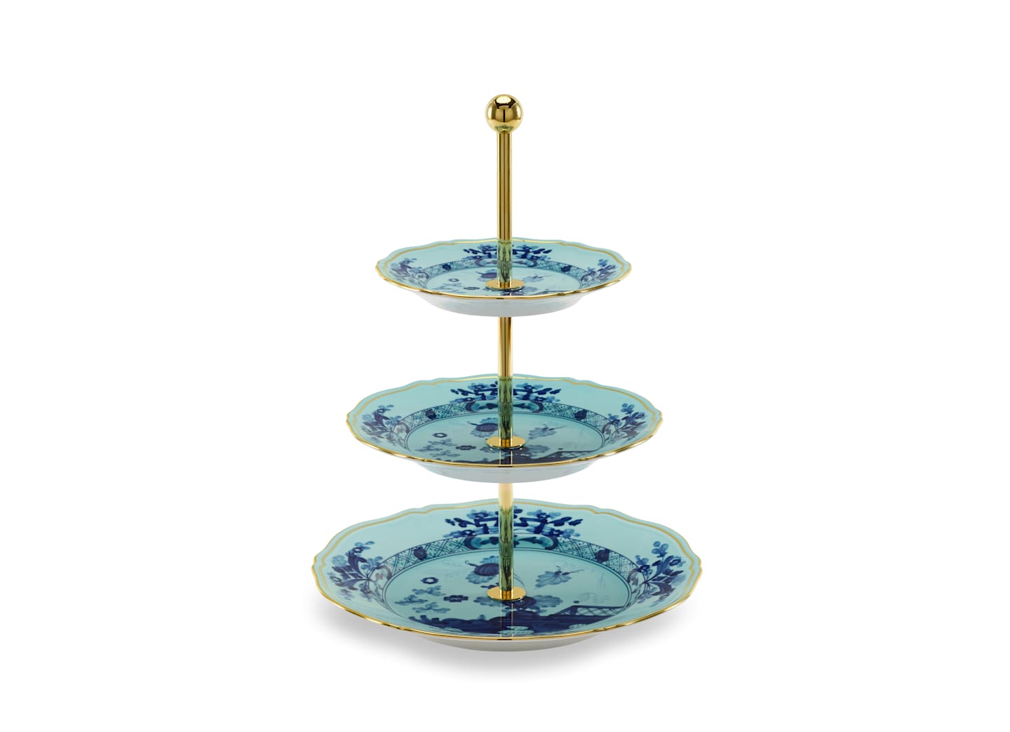 A three-tiered serving stand from Ginori 1735's Oriente Italiano Iris with Gold Dinnerware & Decor Collection, featuring blue and white patterned plates inspired by porcelain dinnerware and a gold metal frame.