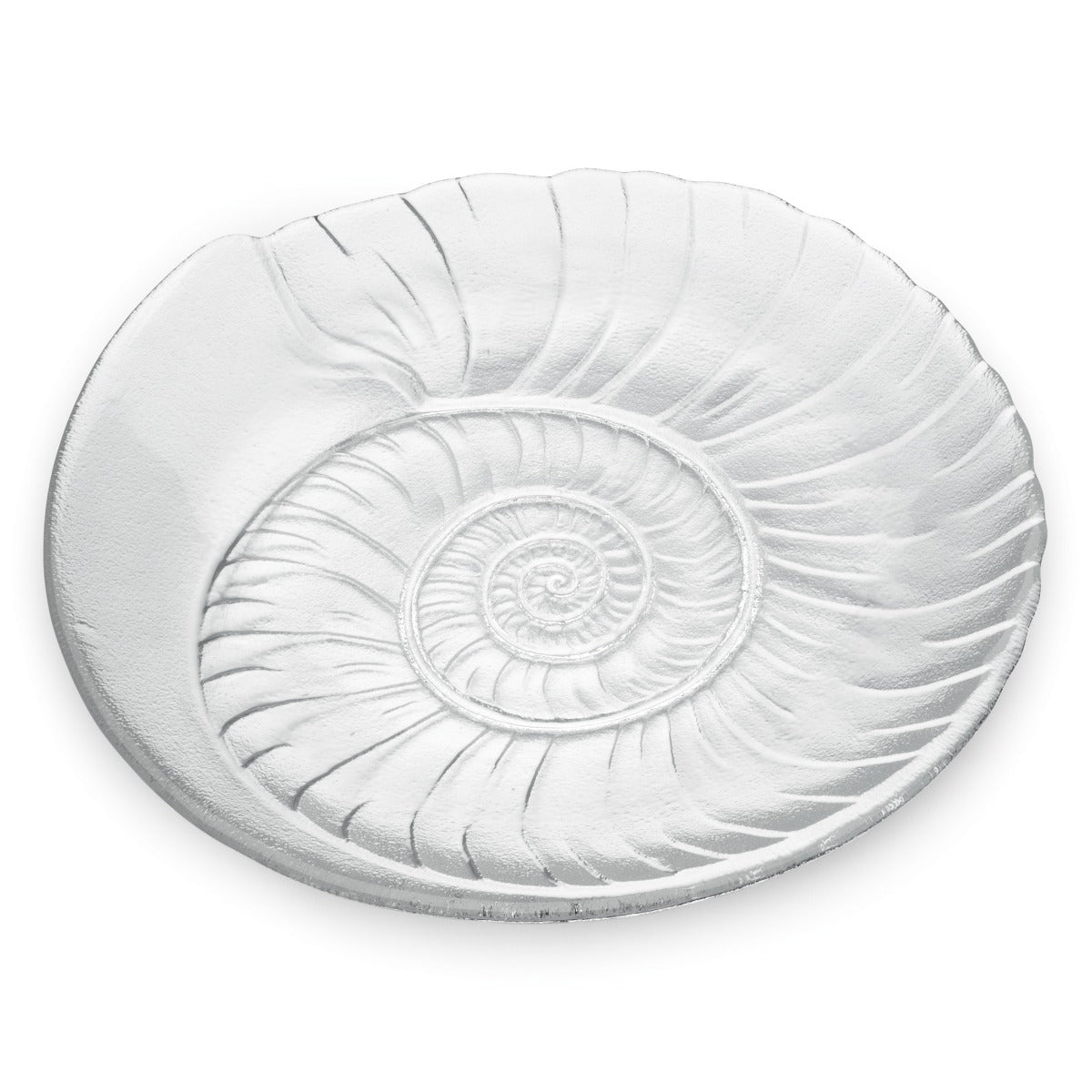The Shell Serveware Collection by Simon Pearce features a round, clear glass plate with an embossed spiral shell design—an ideal accent for beach-themed decor or a standout summer host gift.