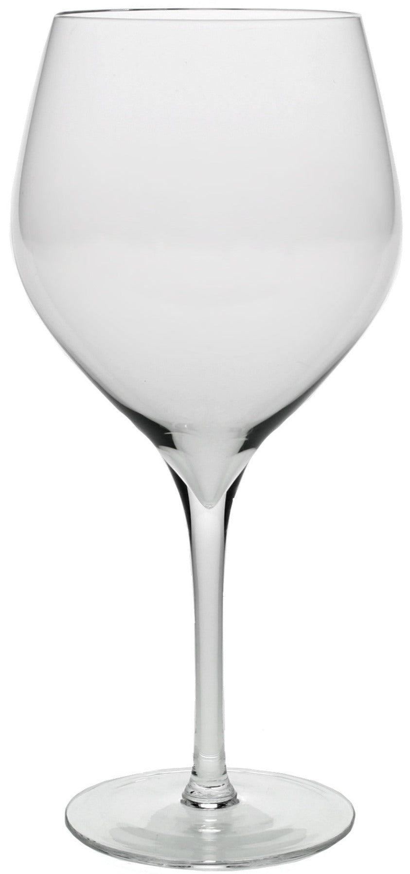 A clear, empty wine glass with a thin stem and wide bowl, featuring fine rims, from the Lillian Collection by William Yeoward Crystal, is displayed against a plain white background.