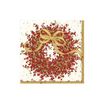 The Pepperberry Napkin Collection by Caspari features decorative red berries, green leaves, and a gold ribbon bow on a white background with a gold border. Triple-ply, printed in Germany with nontoxic inks.