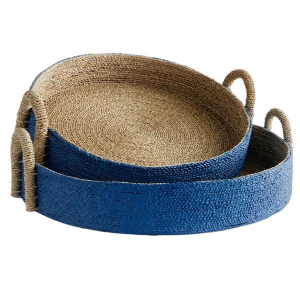 The Napa Home Tiana Blue Seagrass Round Basket Collection by Napa Home & Garden includes designer decor pieces: two round handwoven baskets featuring blue sides, natural jute bases, and convenient handles.