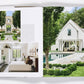 An open copy of *Ray Booth, The Expressive Home* by Rizzoli displays images of sophisticated homes, featuring a modern white house, landscaped garden, pool, and a bright bedroom with large windows and elegant decor.