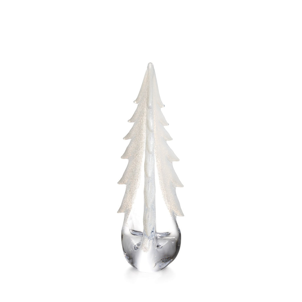 The Simon Pearce Snowy Branches Evergreen Tree Collection features clear glass ornaments with frosted white branches, inspired by Vermont’s winter woods, shown here against a plain white background.