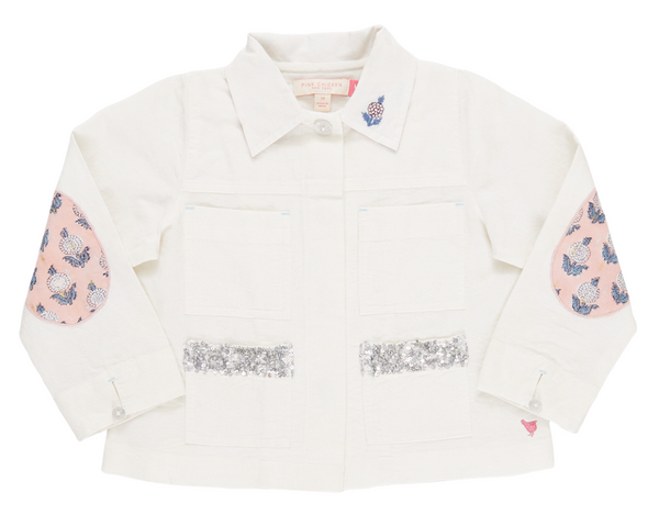 A Pink Chicken Girls Wylie Jacket adorned with sequins and embroidered patches in pink and blue.