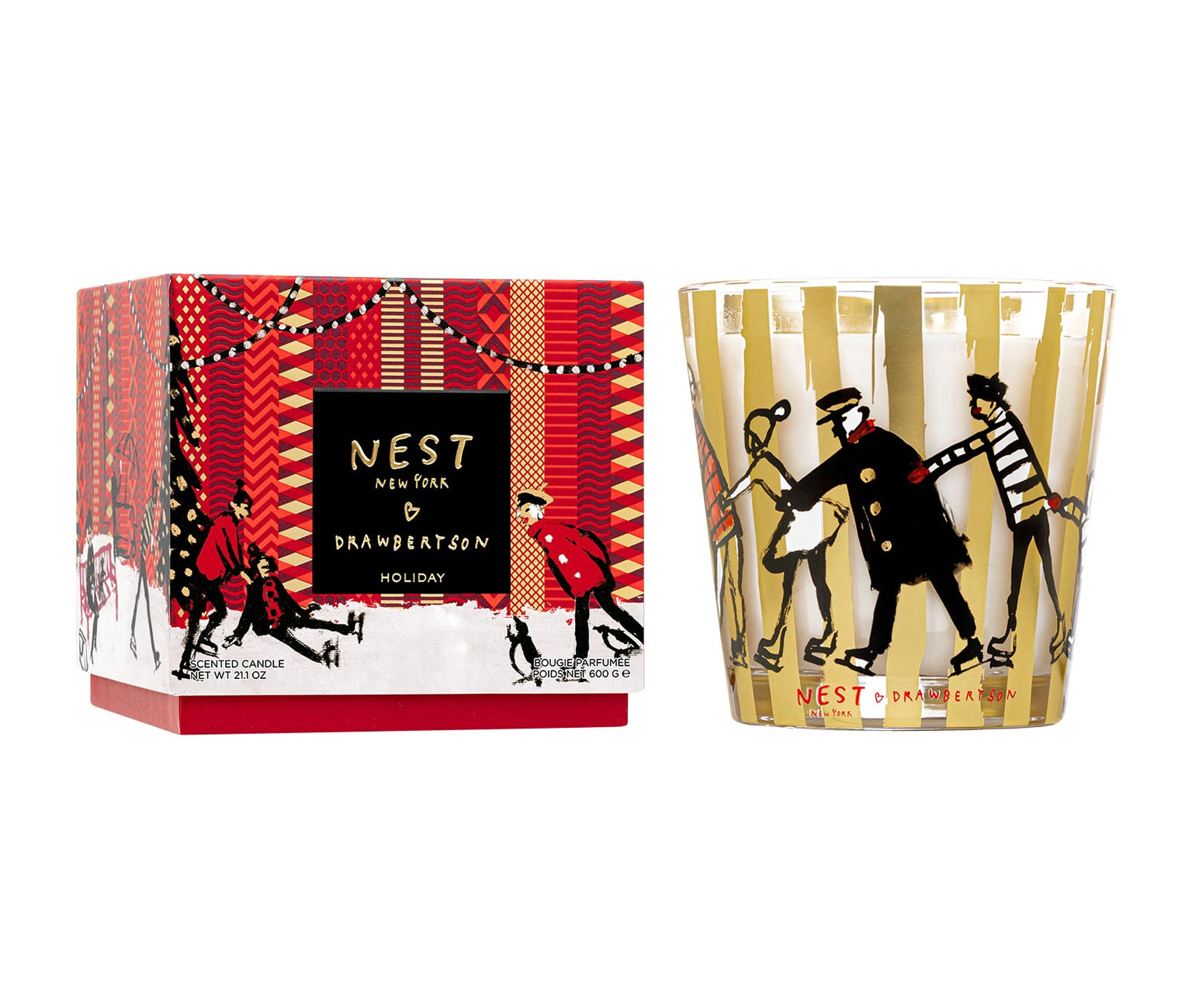 The NEST Holiday Collection candle by Nest features a festive Holiday scent and comes in decorative packaging with illustrated figures and a matching glass holder.