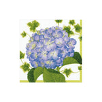 The Hydrangea Napkin Collection by Caspari features a purple hydrangea with green leaves and ivy on a white background, ideal for eco-friendly or recycled napkin designs.