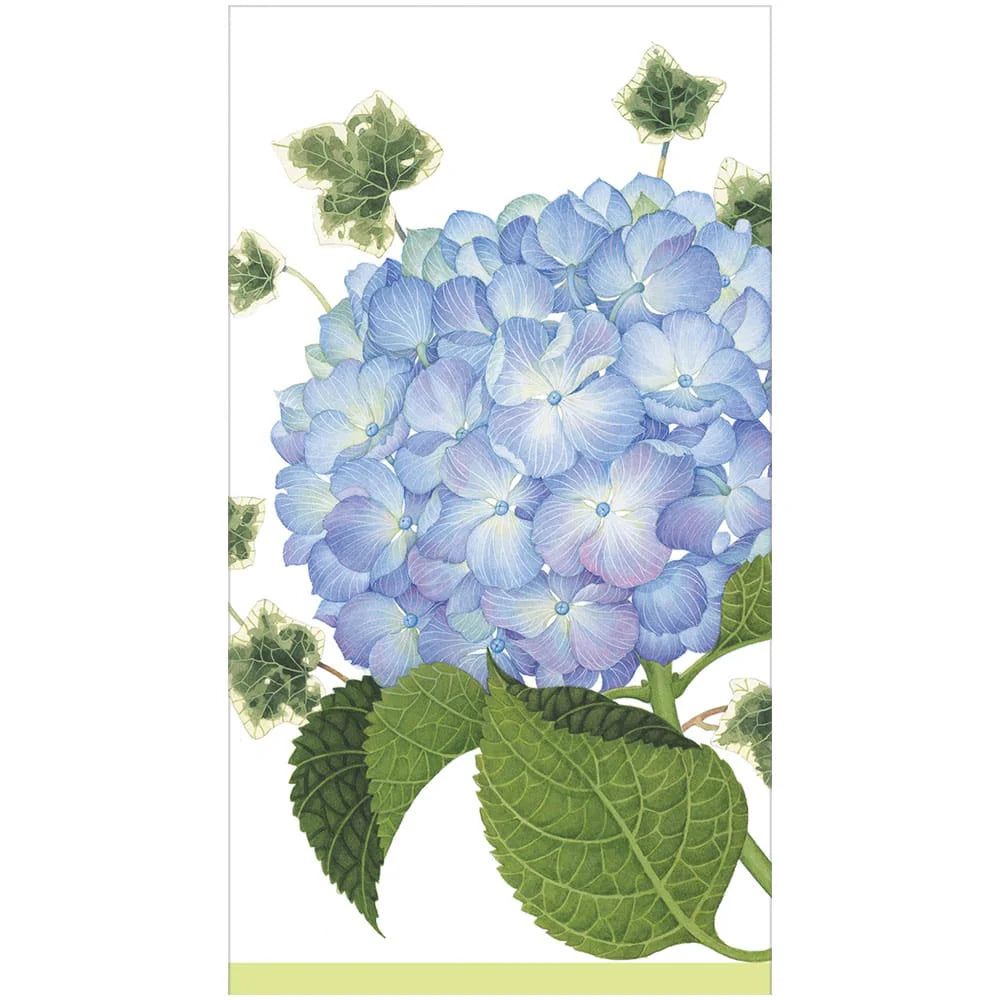 The Hydrangea Napkin Collection by Caspari features a blue hydrangea with green leaves and ivy vines on a white background, ideal for eco-friendly or recycled napkins.