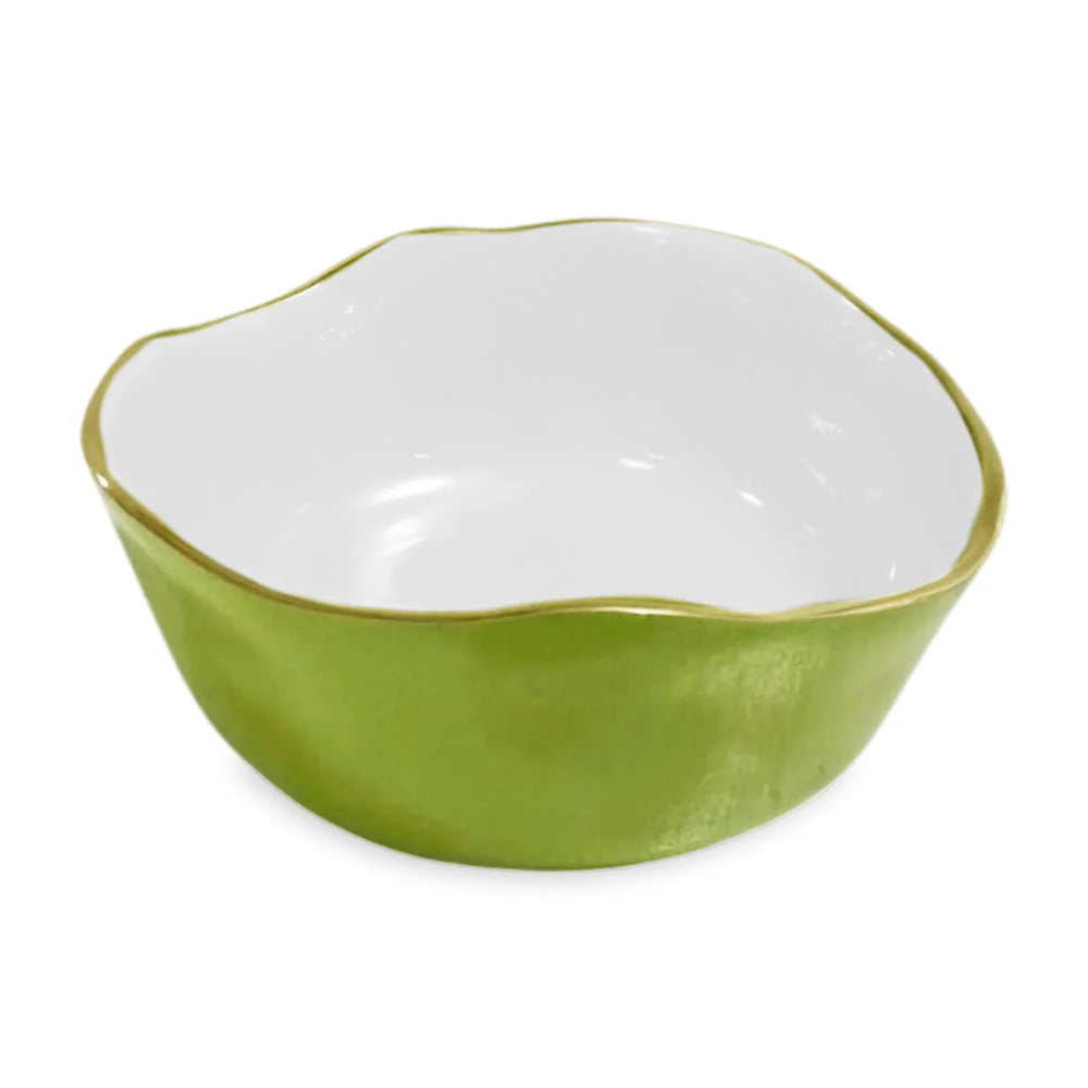 The ENCANTO Collection by Beatriz Ball features a green ceramic bowl with a white interior, gold-toned accents, and a wavy rim, displayed against a plain white background.