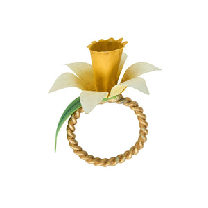 Elevate your table with the Meadow Walk Daffodil Napkin Ring Set by Juliska, featuring hand-painted yellow daffodil flowers with white petals and green leaf accents on twisted metal bands. Inspired by classic daffodil designs.