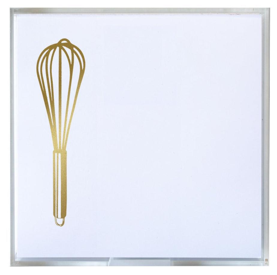 A gold foil whisk illustration appears in the upper left of Black Ink's Whisk Small Paddie notepad, featuring 160 crisp white square sheets.