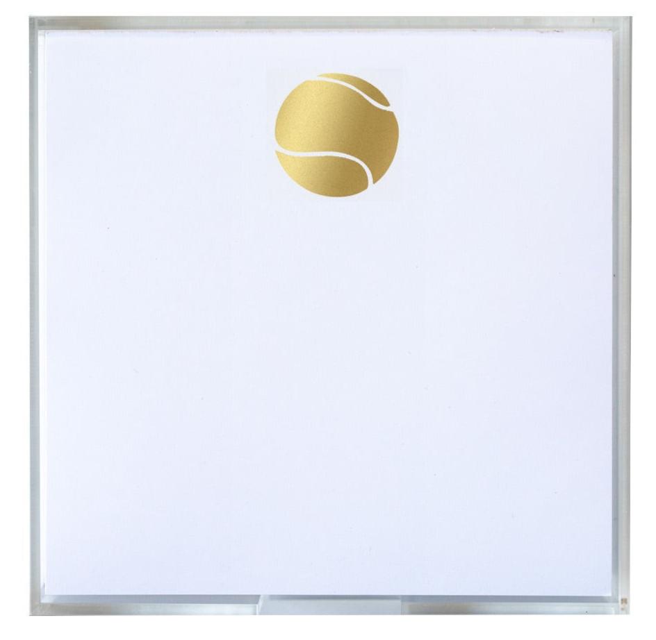 The Black Ink Tennis Small Paddie features a golden tennis ball icon centered at the top of a blank white notepad, providing a smooth writing surface ideal for notes or display in a Lucite holder.