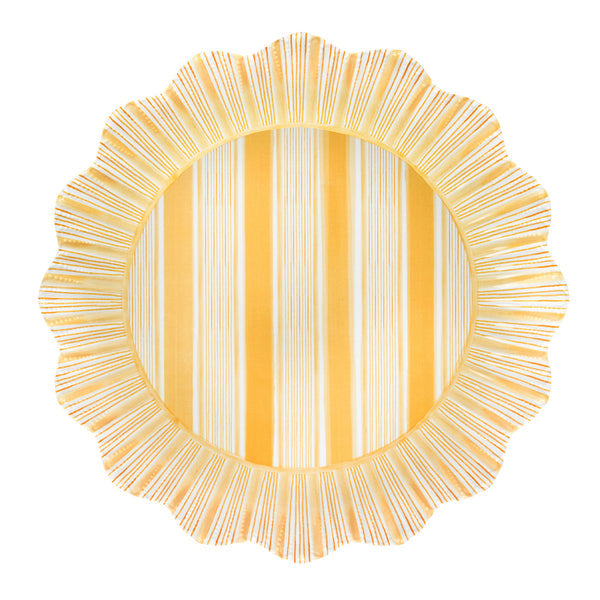 The Cabana Stripe Melamine Dinnerware Collection by Juliska features round plates with scalloped edges, ruffle trim, alternating yellow and white stripes, a radial rim pattern, and durable shatterproof melamine construction.
