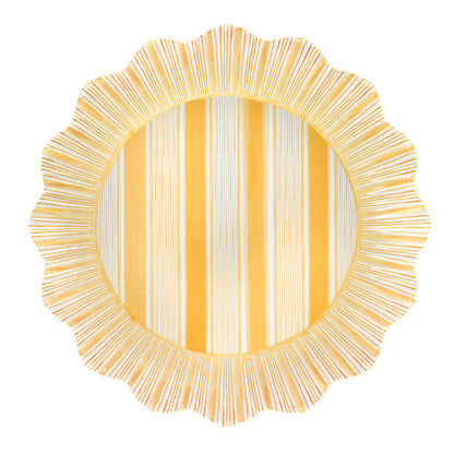The Cabana Stripe Melamine Dinnerware Collection by Juliska features round plates with scalloped edges, ruffle trim, alternating yellow and white stripes, a radial rim pattern, and durable shatterproof melamine construction.
