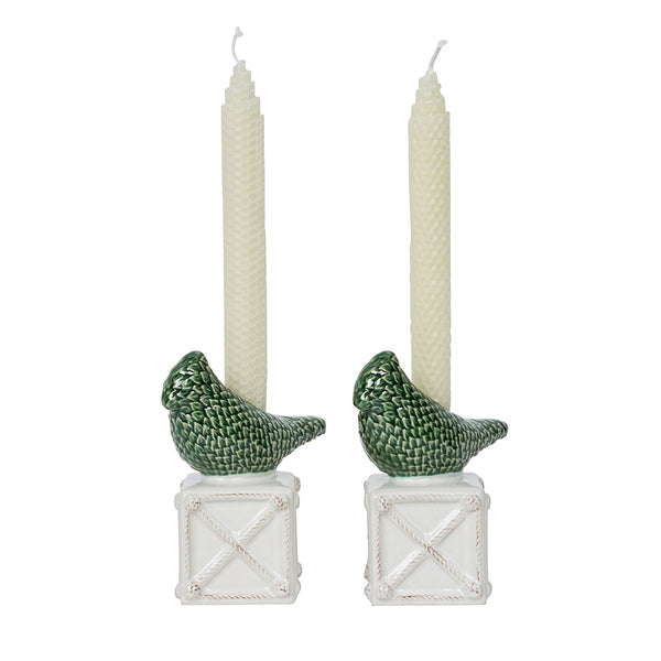 The Juliska Berry & Thread Bird Topiary Candlestick Set features two cream candles in green songbird topiary holders on white square bases—ideal accents for hand-painted spring tablescapes.