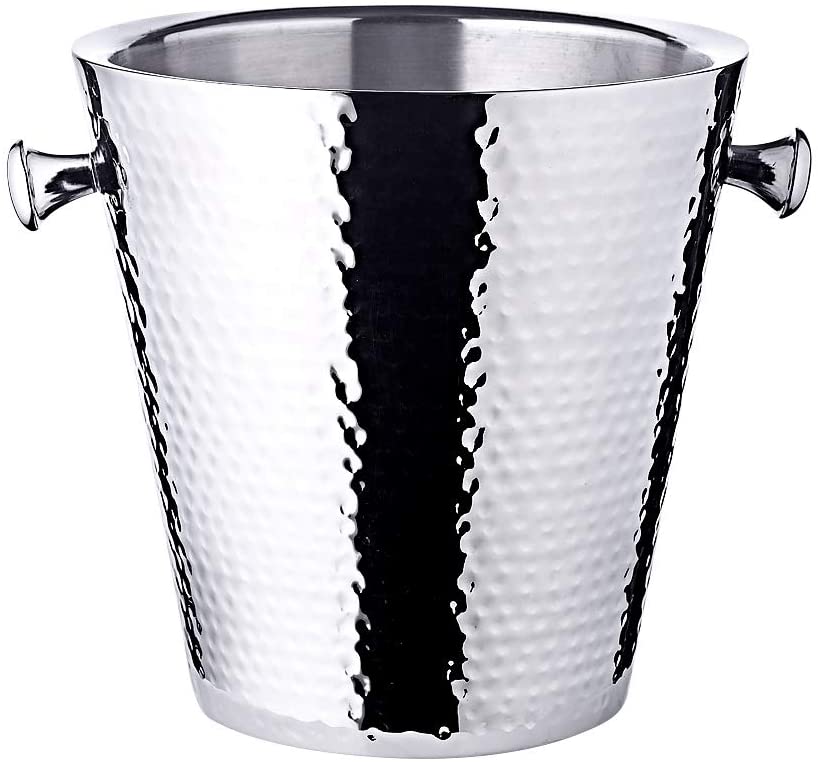 The EDZARD Capri Ice Bucket with Stand Collection features a stainless steel, hammered-finish design with dual side handles, inspired by luxury hotel champagne coolers and displayed against a plain white background.
