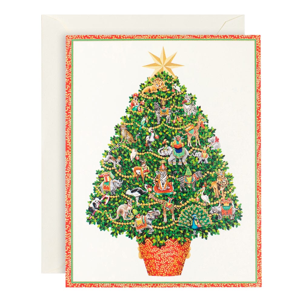 Send festive greetings with Caspari's Safari Christmas Tree Card Set, featuring a decorated tree with animal ornaments, gold star topper, and red border. Includes envelope—perfect for unique holiday cards this season.