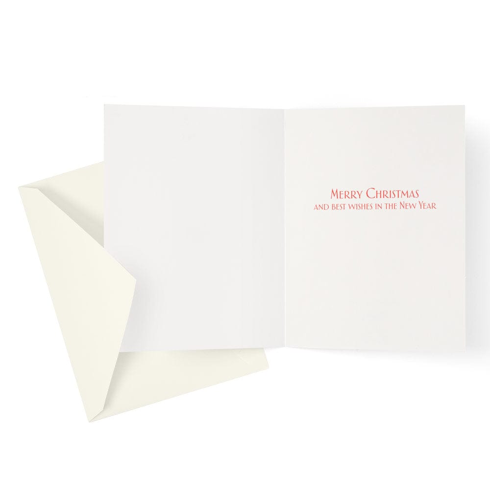 The Caspari Safari Christmas Tree Card Set includes open high-quality cards with "Merry Christmas and best wishes in the New Year" inside, each paired with a plain white envelope.