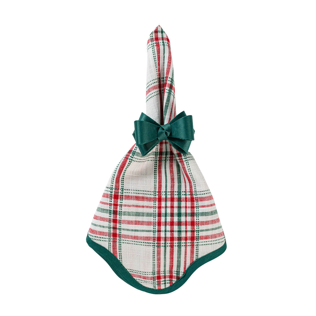 A festive, red, green, and white plaid Merry Tartan Napkin cinched with a dark green ribbon bow, perfect for holiday table linens.