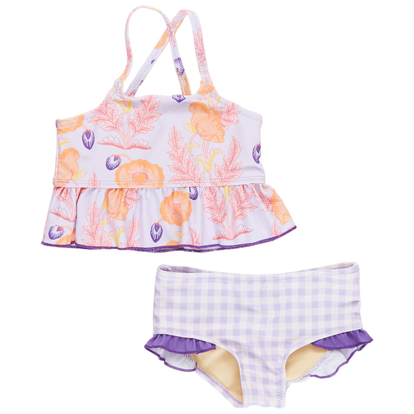 A Pink Chicken Girls Joy Tankini with a floral print and tankini style.