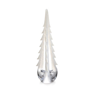 The Simon Pearce Snowy Branches Evergreen Tree Collection features clear glass sculptures inspired by Vermont's winter woods, with textured, frosted branches and smooth bases—a signature design.