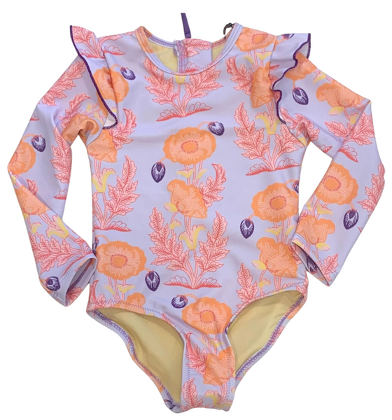 The Pink Chicken Girls Rachel Suit features purple gilded floral print on a girl's bodysuit, complete with long sleeves for added elegance.