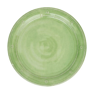 Round green melamine plate from Juliska's Berry & Thread Melamine Collection, featuring a braided rope motif and raised dots along the rim—a timeless, shatterproof addition to your dining ware.