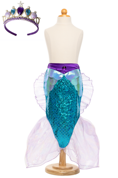 A mannequin adorned with a Great Pretenders Mermaid Glimmer Skirt and Tiara.