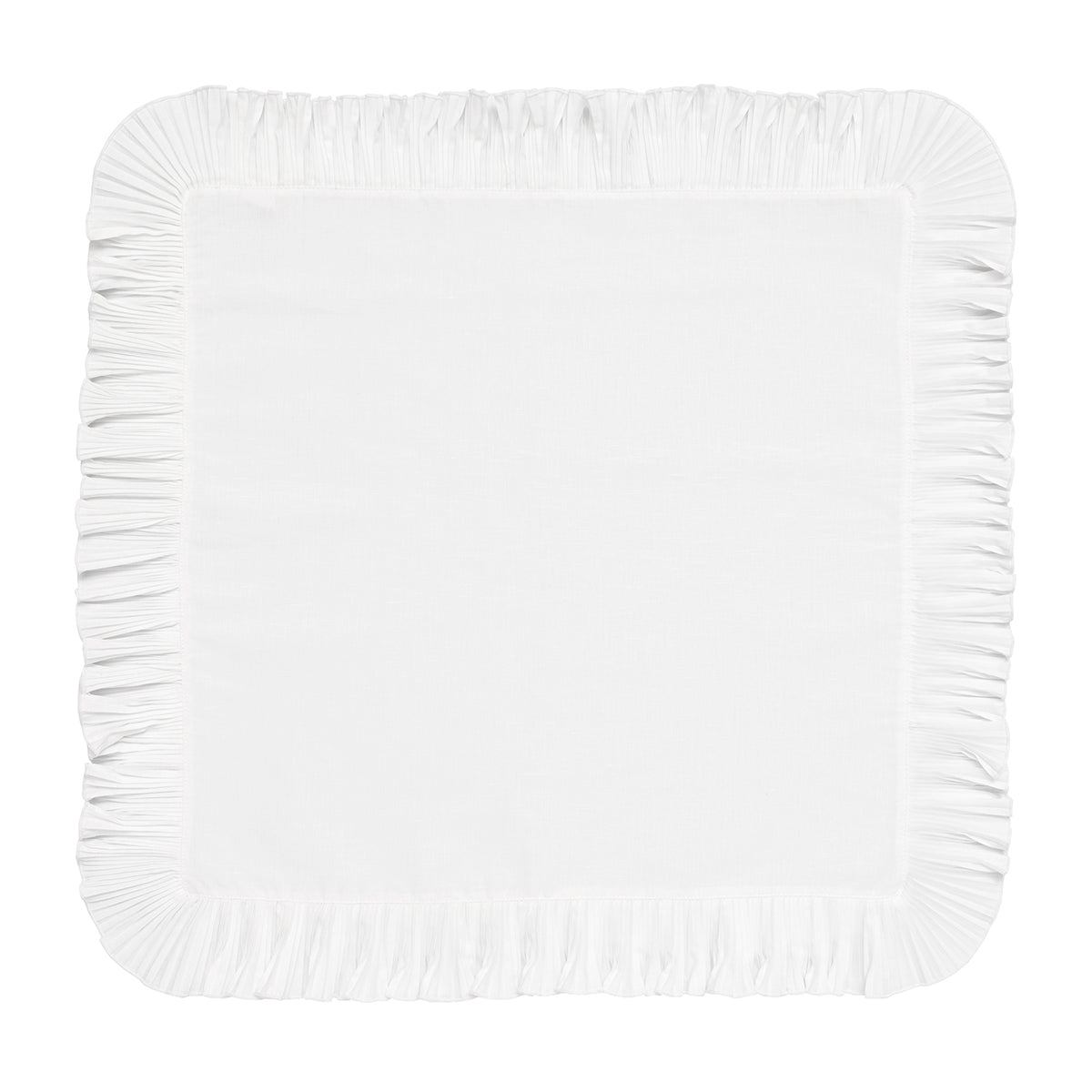 The Juliska Mademoiselle Napkin Set features square white napkins with a delicate knife-pleat ruffle border, adding a romantic touch to your tablescape. Shown here on a plain white background.